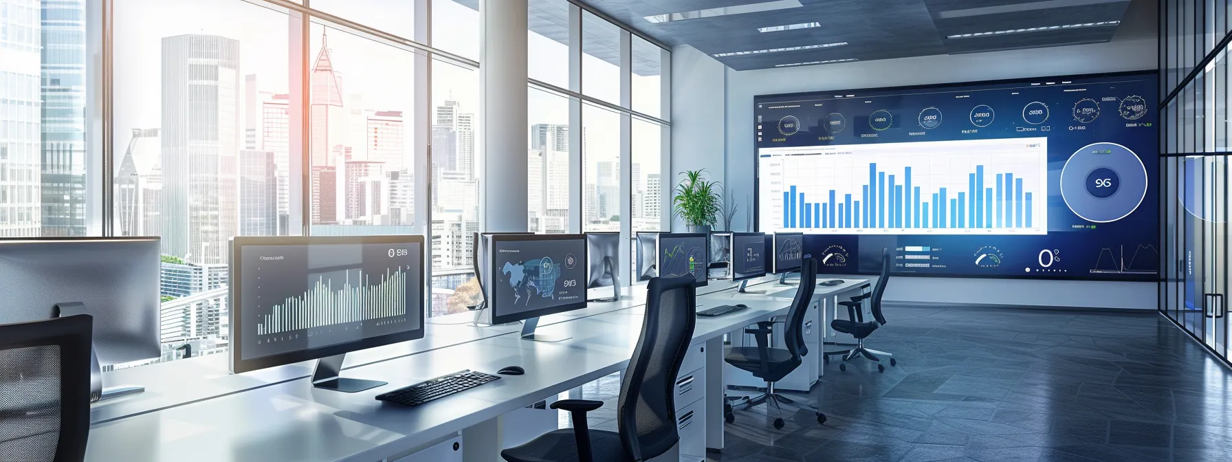 a sleek, modern office filled with advanced computer screens displaying dynamic graphs and data analytics, reflecting the cutting-edge integration of ai and iot in construction risk assessment software solutions.
