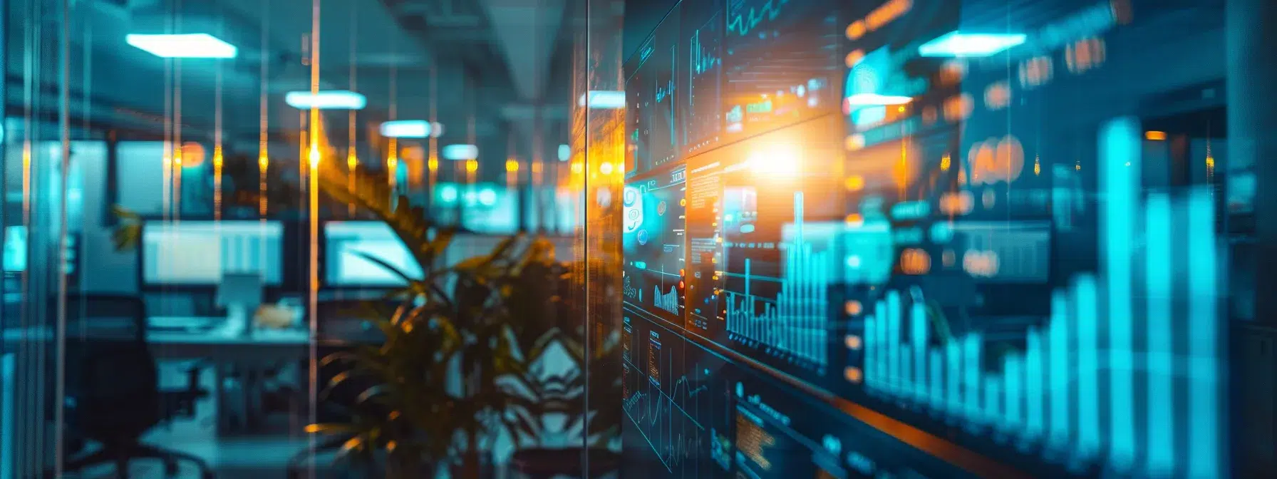 a sleek, modern office filled with vibrant digital screens displaying complex data visualizations under crisp artificial lighting, conveying a dynamic atmosphere of innovation and collaboration.