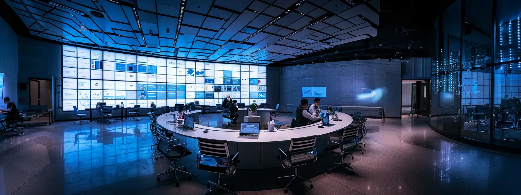 a sleek, modern office interior is illuminated by bright overhead lighting, showcasing a diverse team of professionals engaged in a dynamic brainstorming session around a large, innovative digital display.