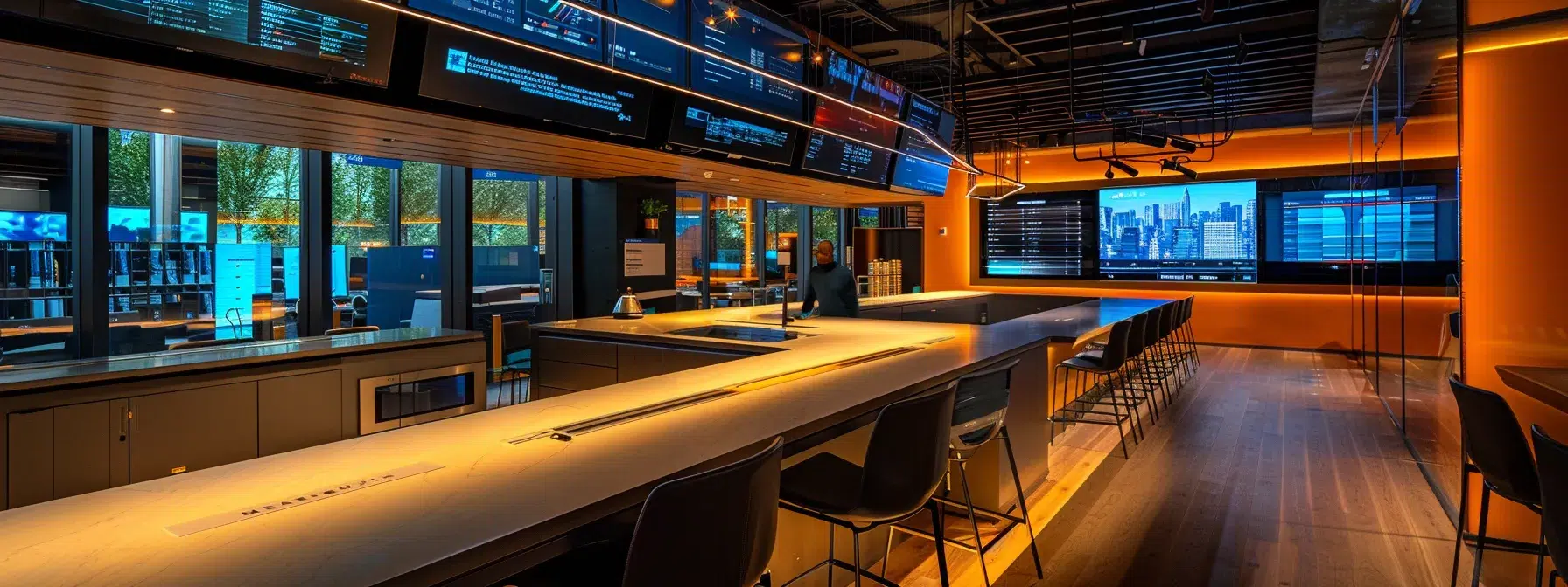 a sleek, modern office space features a dynamic team collaborating intensely around a high-tech conference table, illuminated by the warm glow of overhead lighting that highlights their engaged expressions and advanced digital displays.