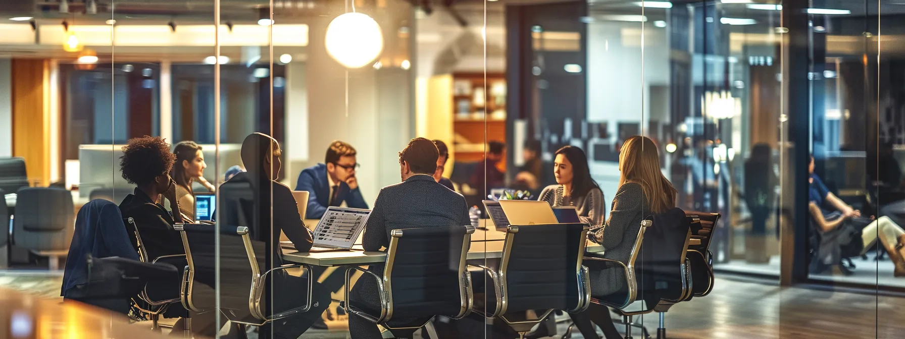 a sleek, modern office space buzzes with energy as diverse professionals collaborate around a polished conference table, illuminated by vibrant overhead lighting and the soft glow of digital screens.