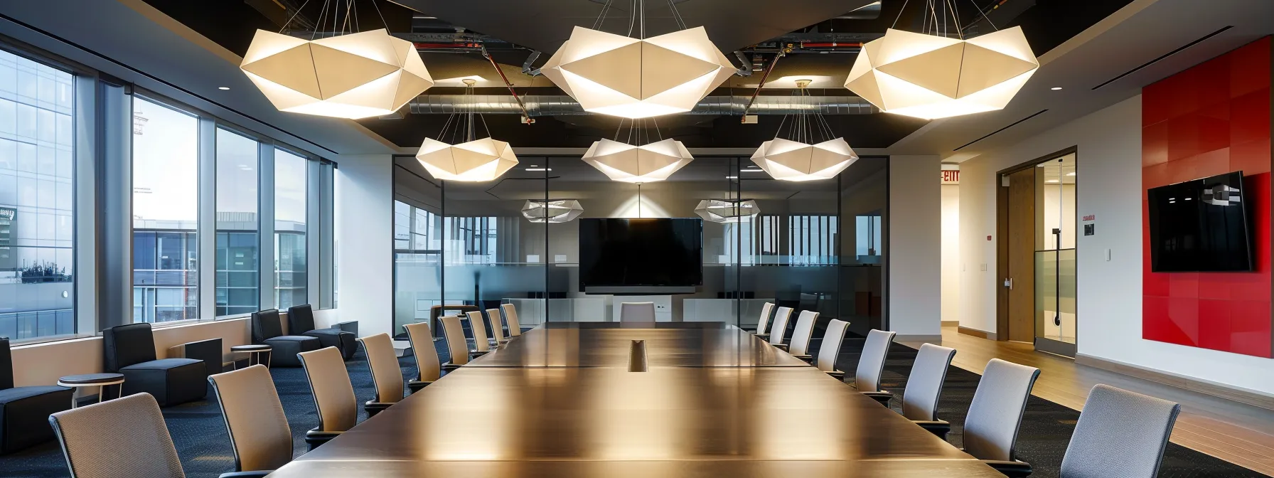 a sleek, modern office space features a large conference table surrounded by high-backed chairs, illuminated by bold, geometric pendant lights, creating an atmosphere of innovation and collaboration.