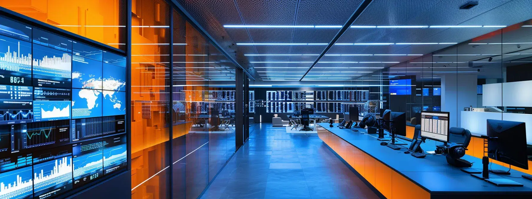 a sleek, modern office space is illuminated by bright fluorescent lights, showcasing an array of high-tech gadgets and vibrant digital screens that exude an atmosphere of innovation and productivity.