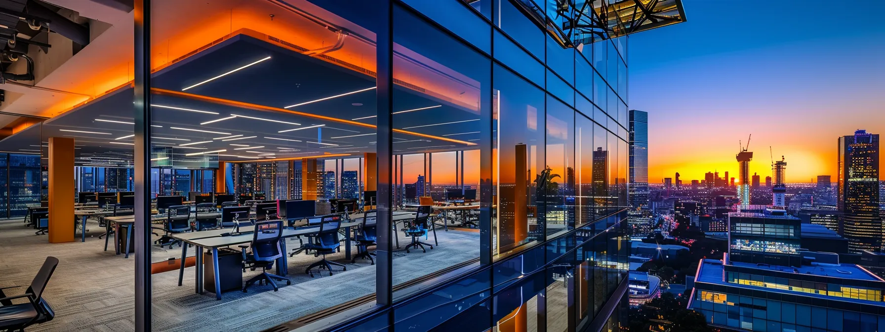 a sleek, modern office space showcases an expansive view of a bustling city skyline at dusk, illuminated by vibrant lights that reflect a dynamic atmosphere of innovation and ambition.