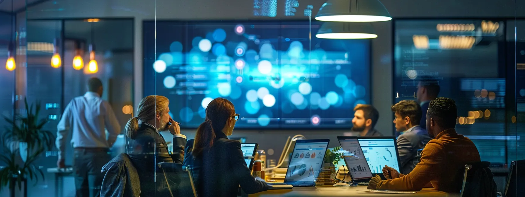 a sleek, modern office space is illuminated by bright led lights, featuring diverse professionals gathered around a large digital screen displaying vibrant analytics and risk assessment data, symbolizing collaboration in construction safety management.