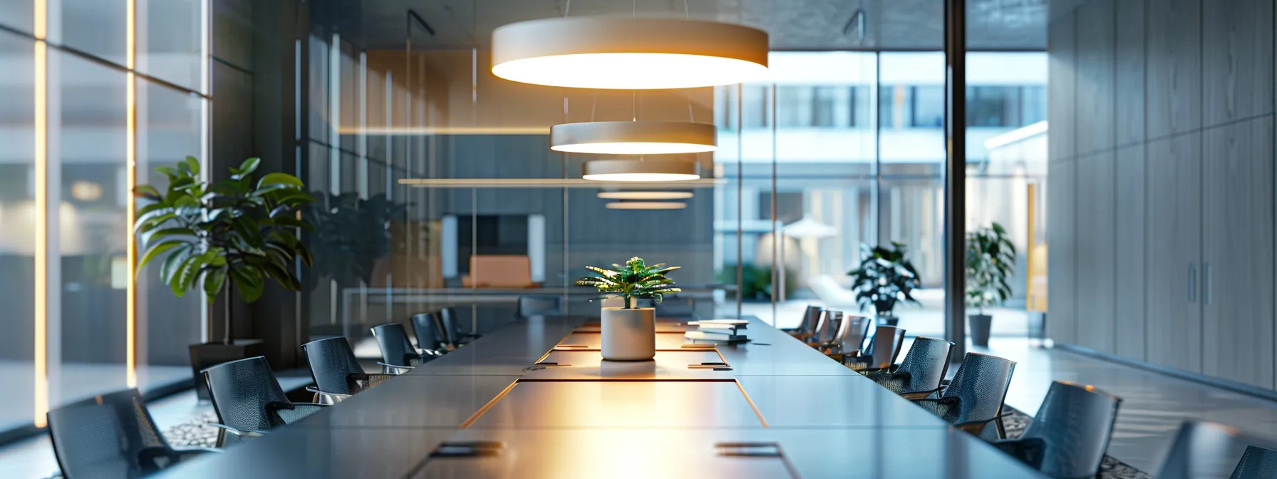 a sleek, modern office space featuring a large, glass conference table illuminated by overhead pendant lights, where diverse professionals engage in dynamic discussion over digital devices, showcasing innovation and collaboration.