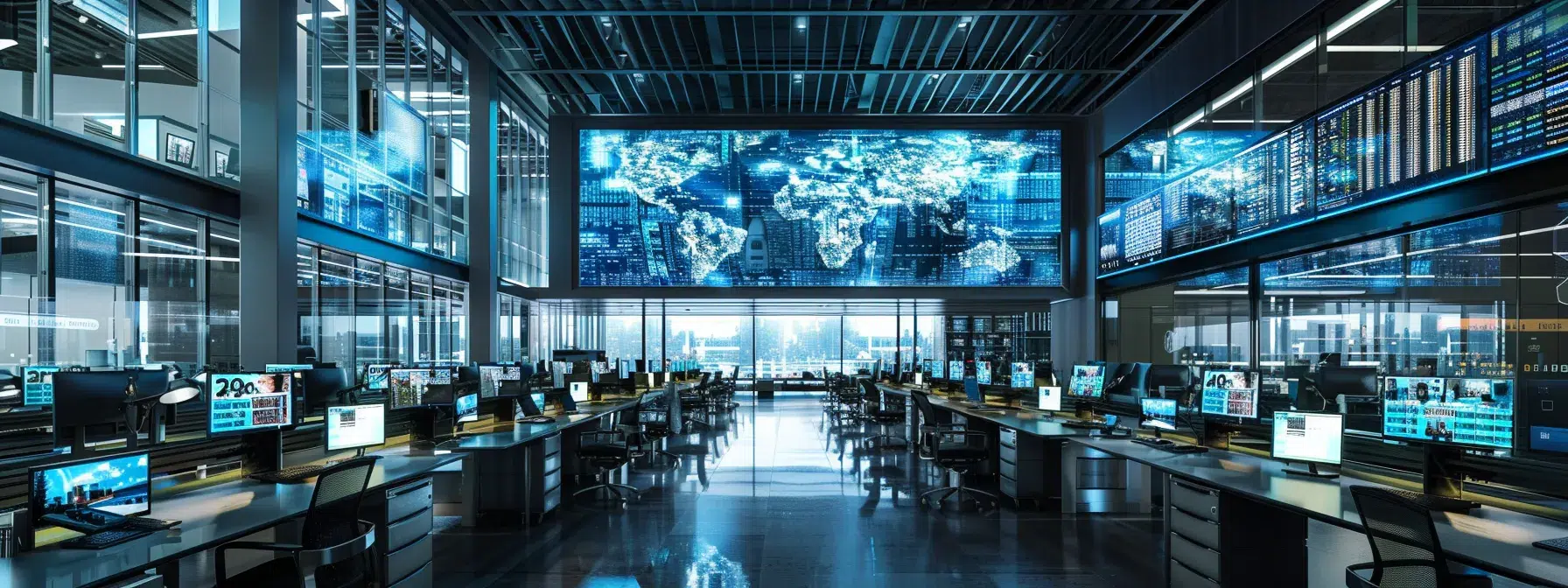a sleek, modern office space filled with dynamic technology displays and collaborative workstations, illuminated by sharp overhead lighting that highlights the innovation and energy of a bustling corporate environment.