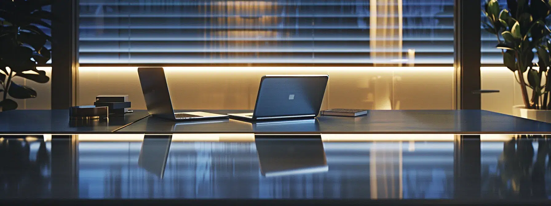a sleek, modern office workspace features a gleaming glass desk with a high-tech laptop open, illuminated by the soft glow of ambient artificial lighting reflecting off polished surfaces, conveying a sense of productivity and innovation.