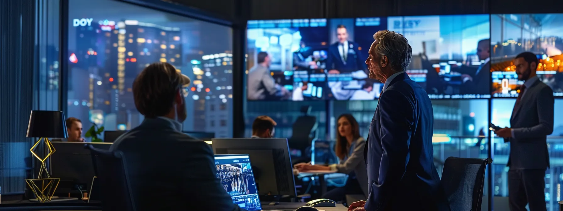 a sleek modern office workspace is illuminated by sharp, artificial lighting, showcasing a diverse group of professionals engaging in a dynamic discussion while analyzing construction safety management software on large digital screens.