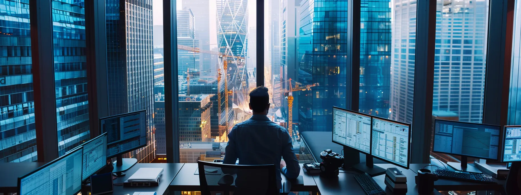 a sleek, modern office workspace showcases professionals engaged with advanced construction safety management software on high-resolution screens, emphasizing compliance and real-time data visibility with dynamic graphics and digital dashboards.