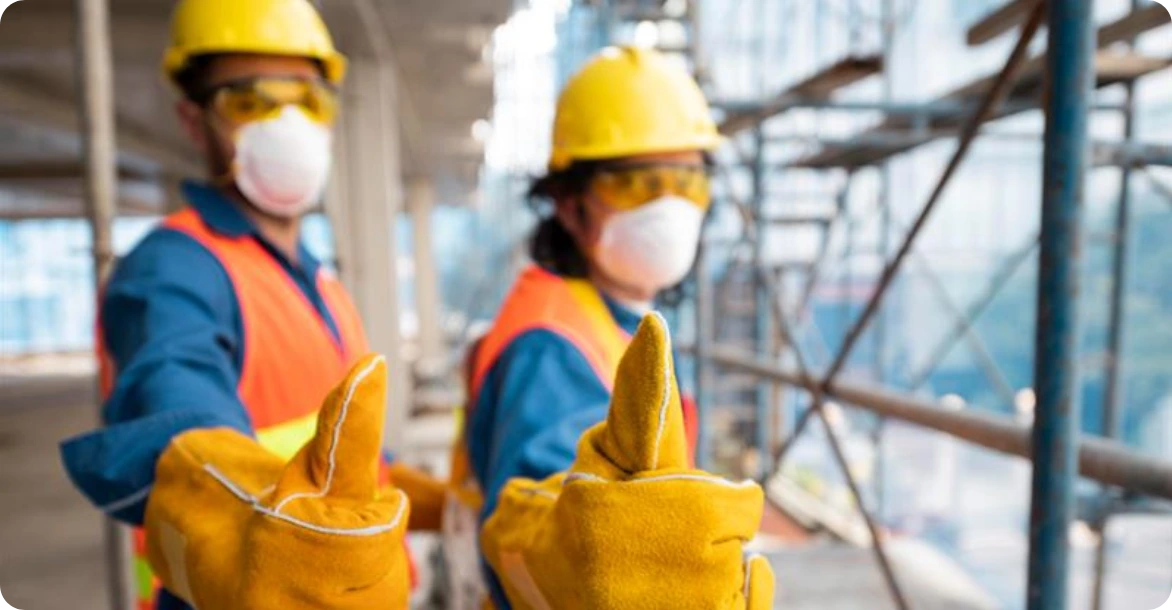 Construction workers in PPE giving thumbs up, representing confidence built through real-world safety training.