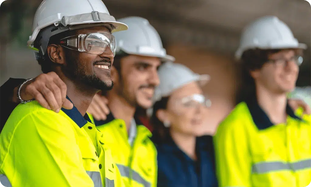 Coworkers collaborating and smiling on a job site, representing inclusive safety culture built through trust, teamwork, and shared responsibility—not top-down enforcement.