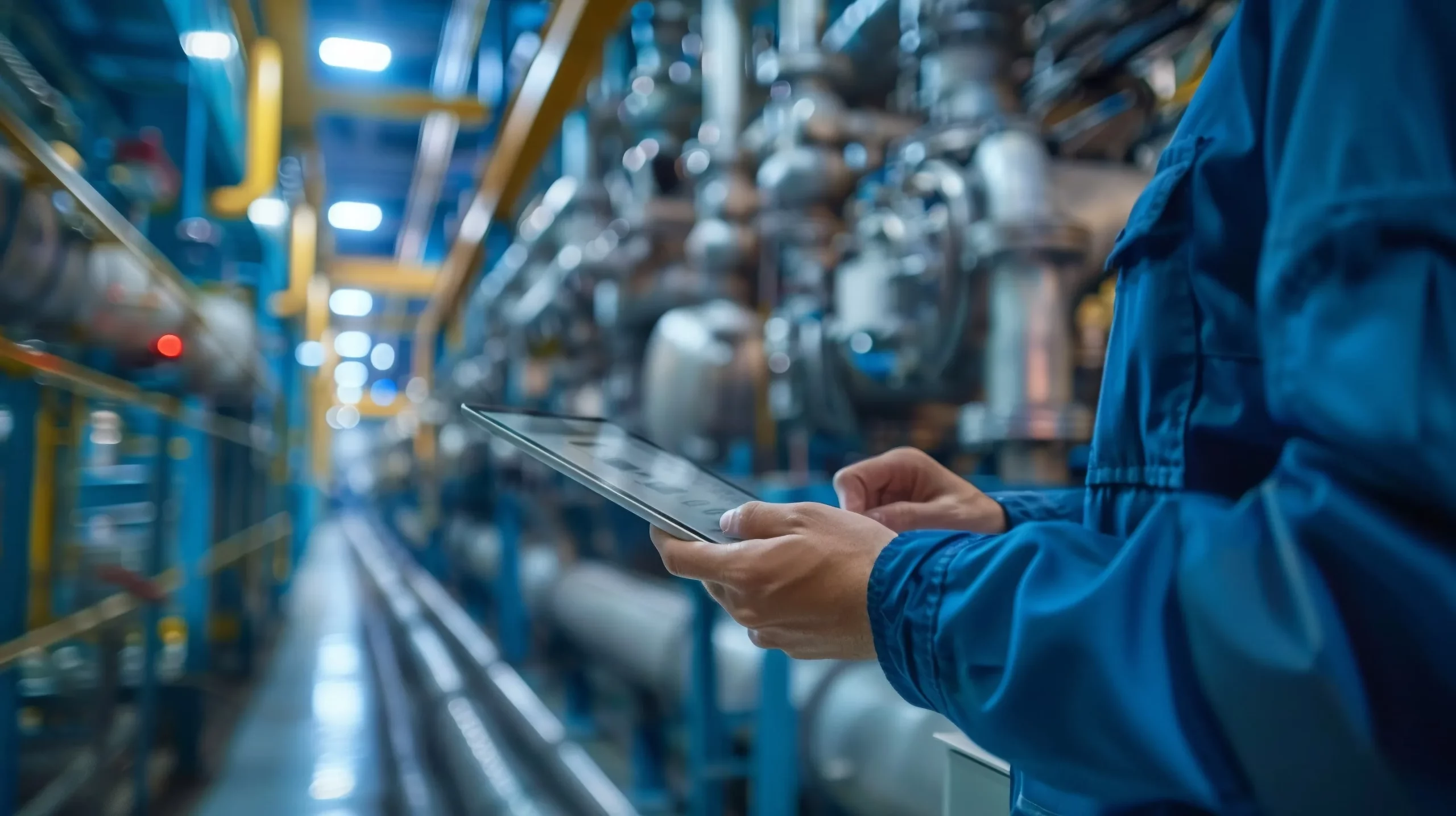 Technician inspecting equipment using a tablet to log nonconformance issues during a safety audit.
