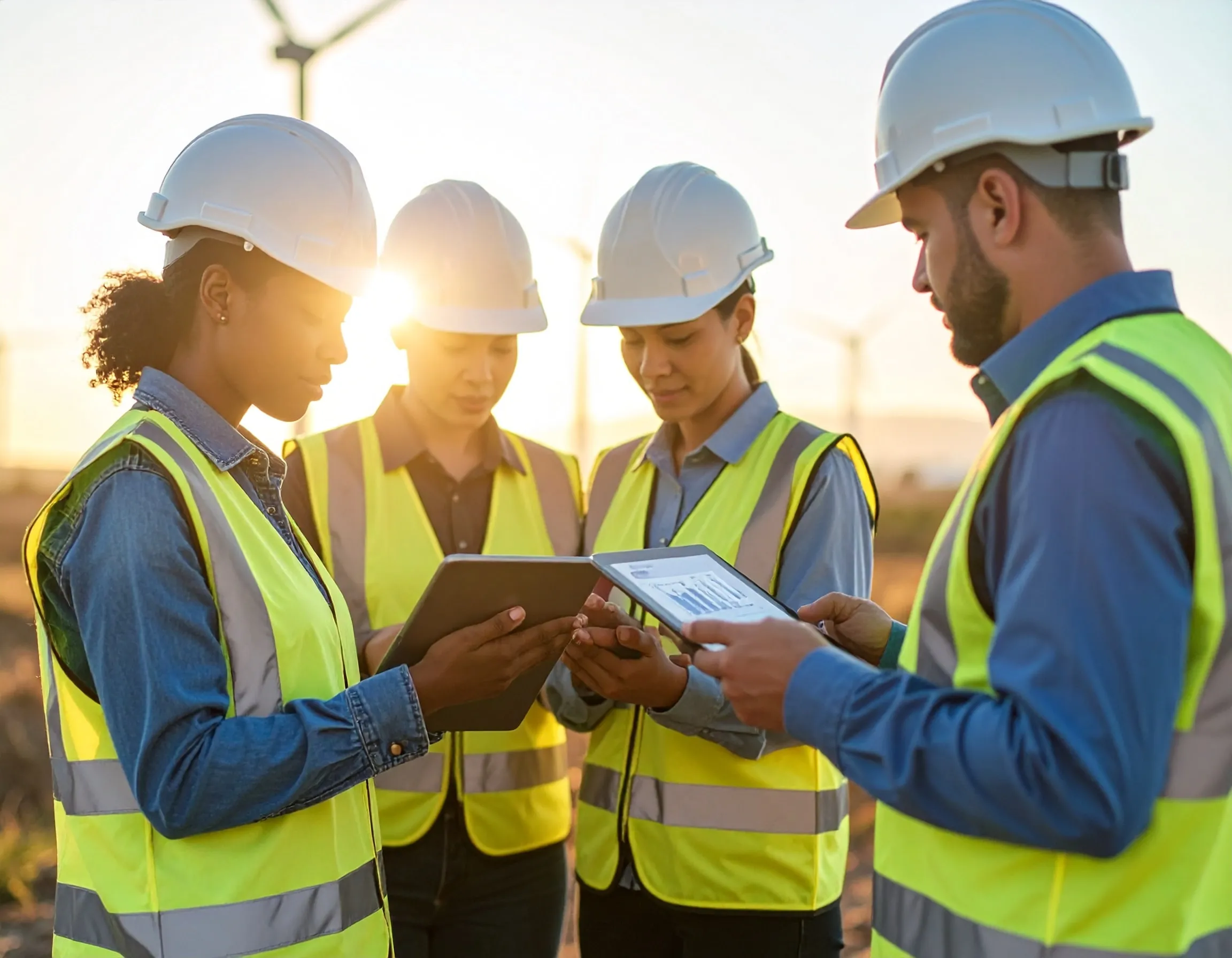 Construction worker using a tablet for safety checks on-site.