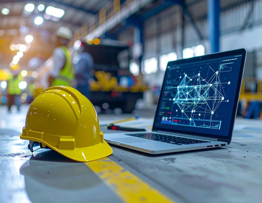 Laptop displaying digital risk analysis next to safety gear on a factory floor, supporting FMEA planning in industrial operations.