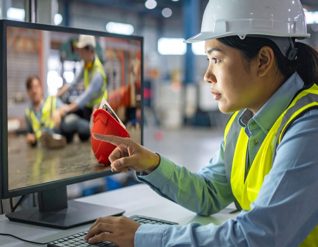 Worker reviewing an on-screen injury scenario, showing how companies use integrated digital systems for real-time safety response and training. 