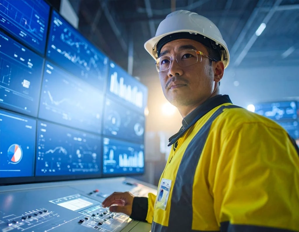 Engineers monitor digital dashboards for system failures and risk trends using FMEA in a high-tech industrial control room.