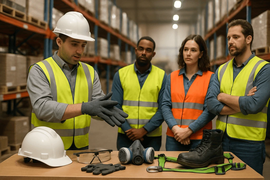 Safety trainer demonstrating PPE use to warehouse workers during a safety orientation session, with gear like gloves, helmet, and respirator on table.