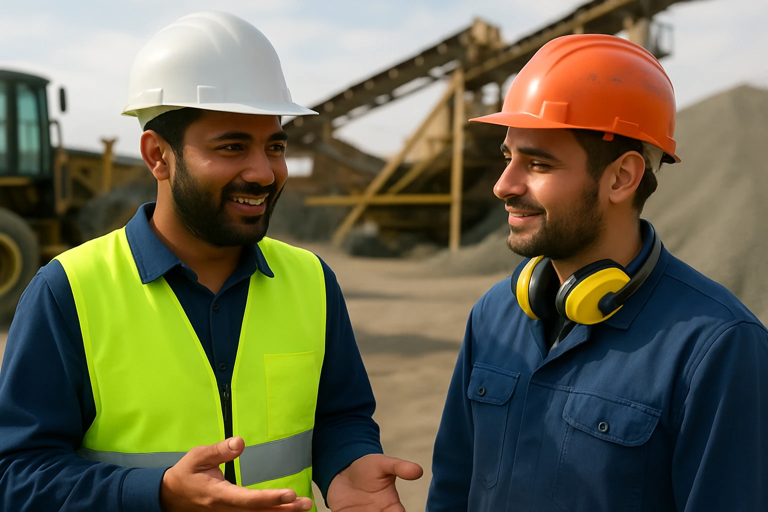 Safety professionals in conversation, representing how digital audit tools promote proactive safety practices.