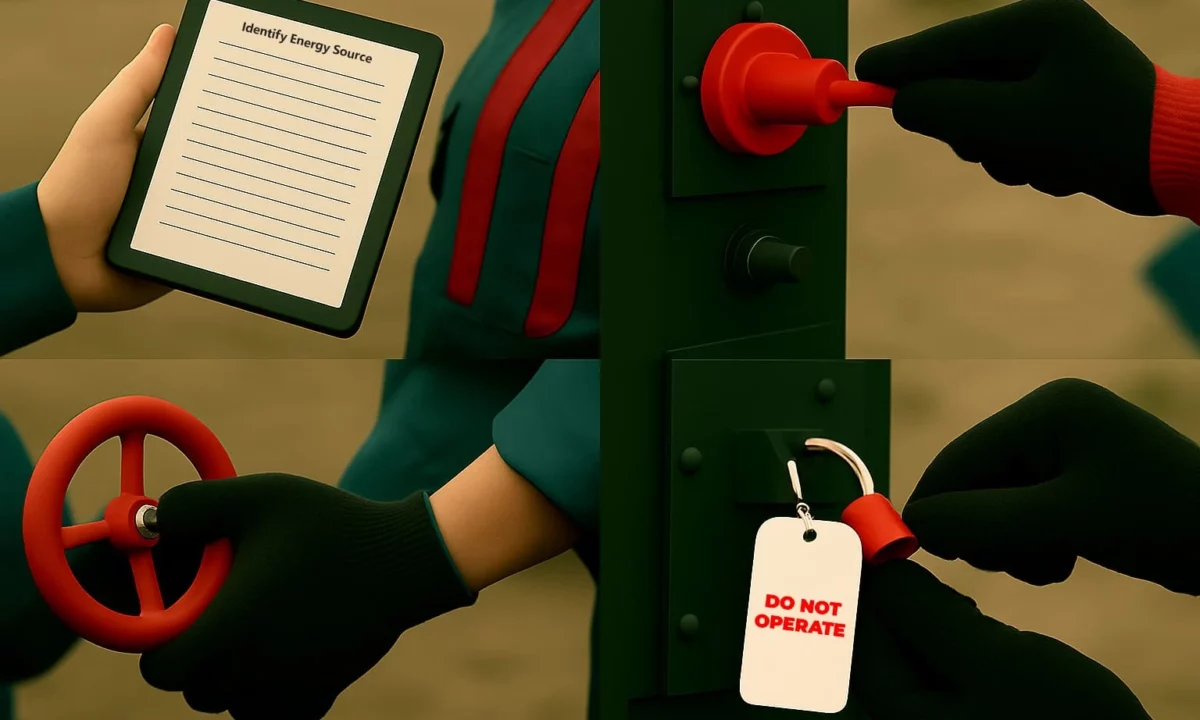 Red lock and warning tag on a machine switch