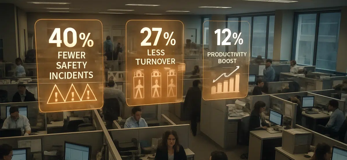 Employees working in an office environment, reflecting how psychological safety leads to higher productivity and reduced safety risks. 