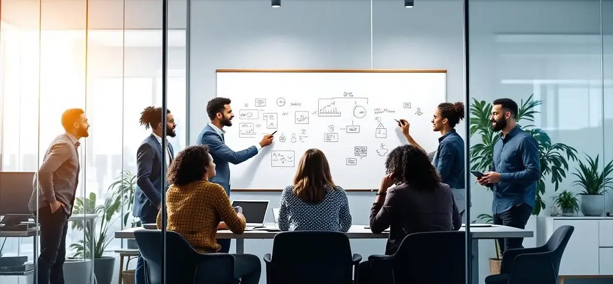 Professionals gathered around a whiteboard for discussion, illustrating Greg Wooldridge’s lessons on communication and consistent debriefs.
