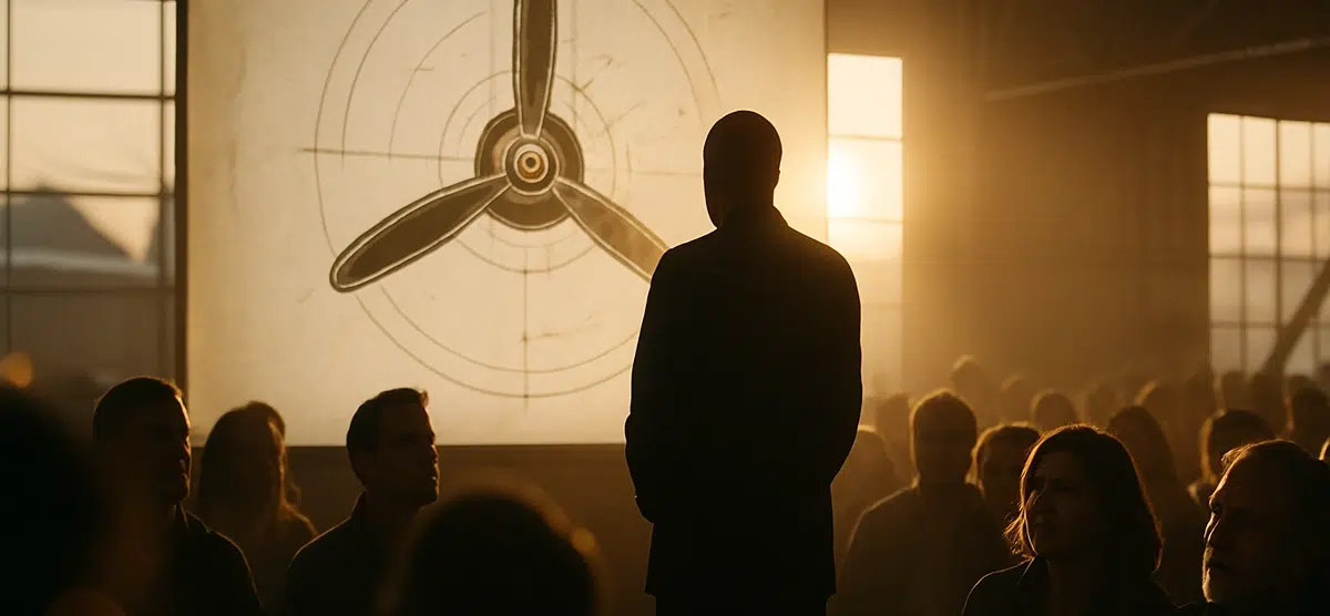 Speaker addressing an audience with an aircraft propeller diagram projected behind, emphasizing lessons on safety culture and leadership.