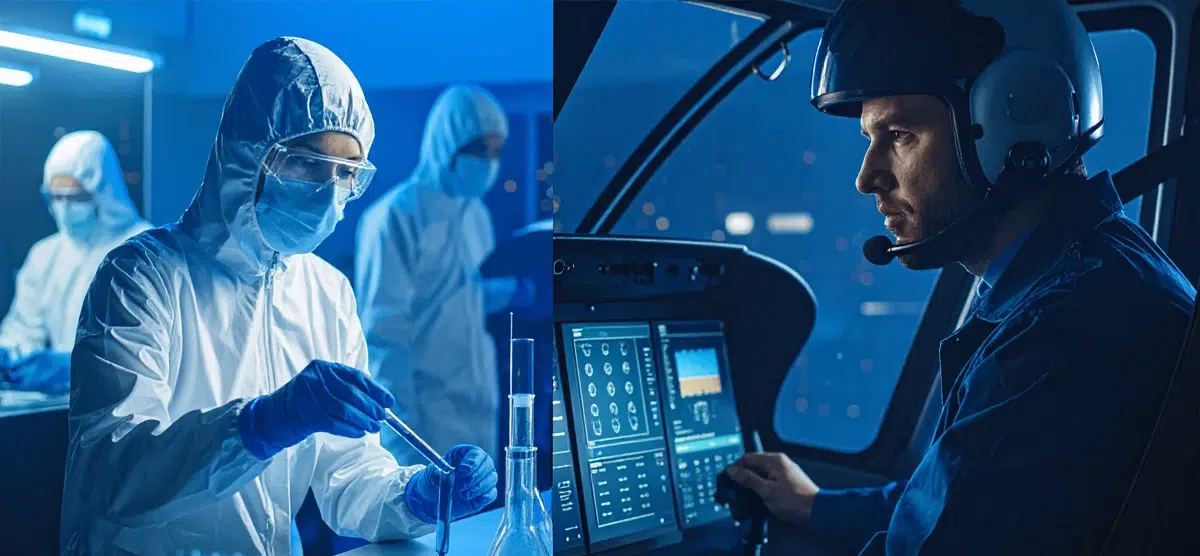 Images of a scientist working with lab samples and a helicopter pilot monitoring controls, symbolizing the transfer of safety culture from aviation to biology labs.