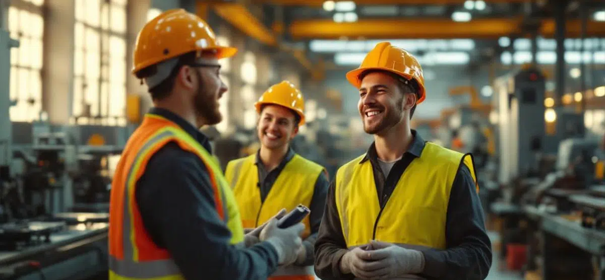 A team of workers discuss safety procedures at a plant, analyzing behavior and systems for lasting workplace safety. 