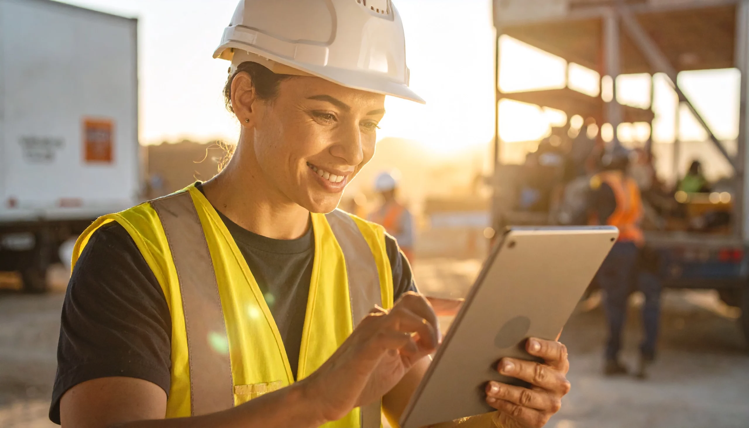 Safety worker accessing onboarding content via mobile app on site, emphasizing mobile-first software for safety teams.