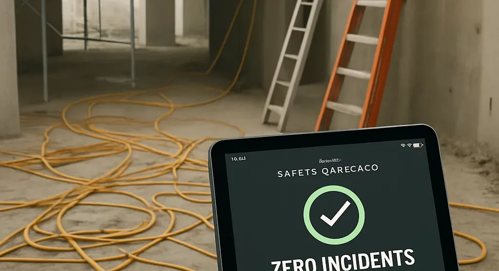 Tablet displaying zero safety incidents while jobsite hazards go unnoticed, highlighting the need for gut instinct in safety decisions.