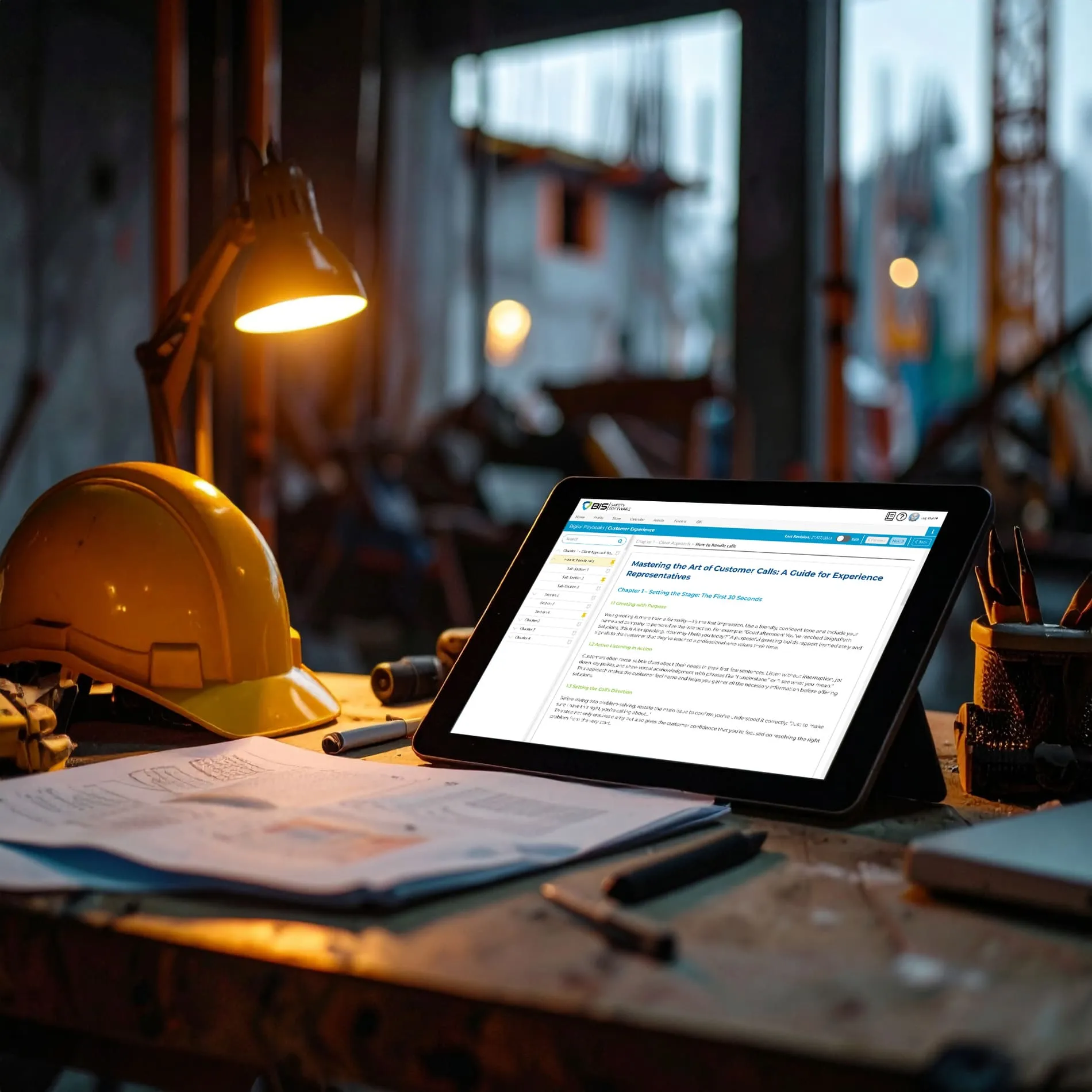 Worker in factory setting holding a tablet to check digital playbooks, highlighting streamlined access to workplace policies and safety guidance.
