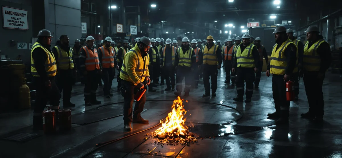 Workplace safety scenario where workers face fire risks linked to propane.
