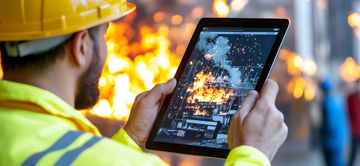 Safety leader reviewing real-time hazard data on a tablet using digital FLHA tools at a worksite.
