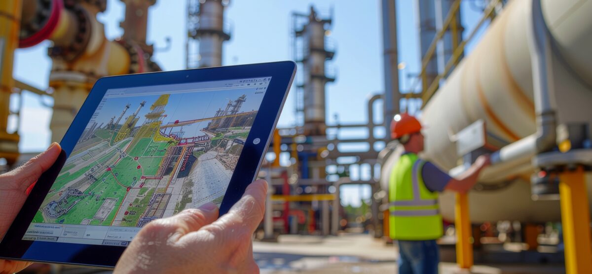 Safety worker using a tablet with site mapping software as a colleague inspects equipment on location.