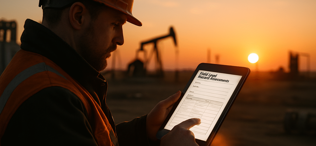 Construction worker using digital safety software to monitor FLHA insights and compliance trends.