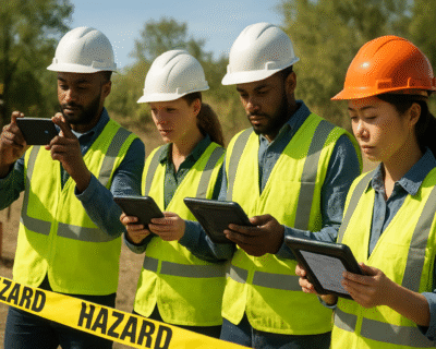 Team of field workers replacing paper hazard reports with mobile-friendly FLHA tools, improving on-site safety decisions.