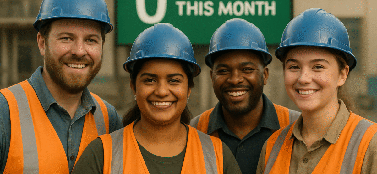Team of workers in hard hats celebrating a month without workplace incidents.