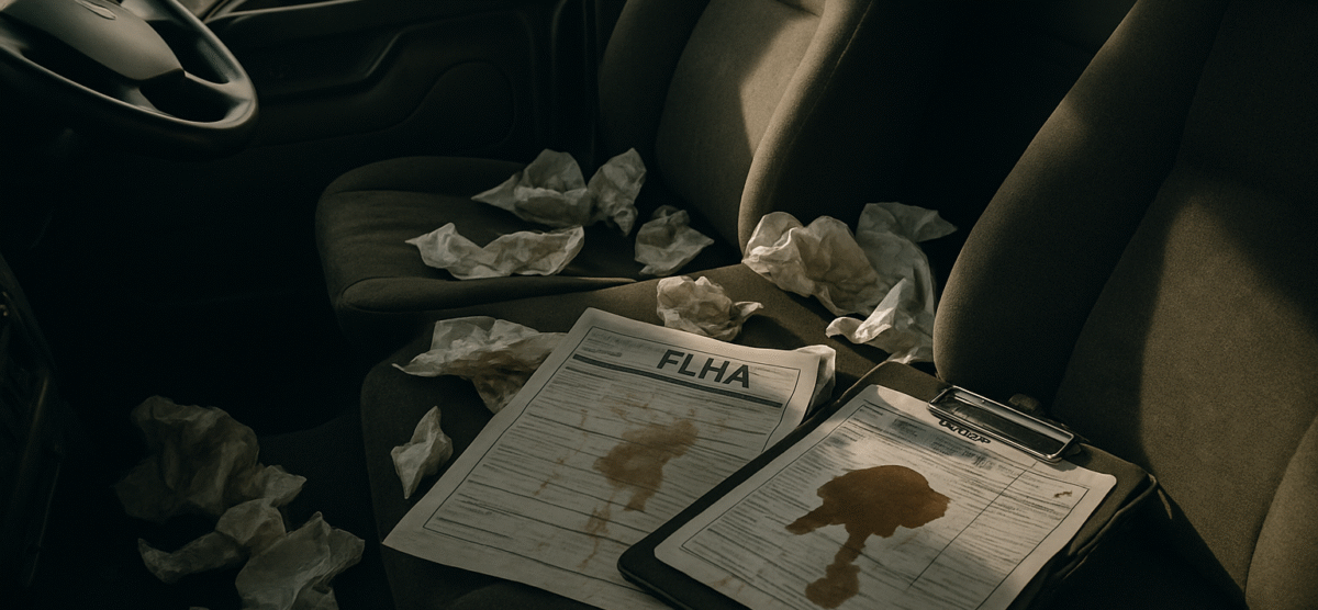 Damaged FLHA forms left in a cluttered vehicle interior, illustrating why digital safety reporting is more reliable.