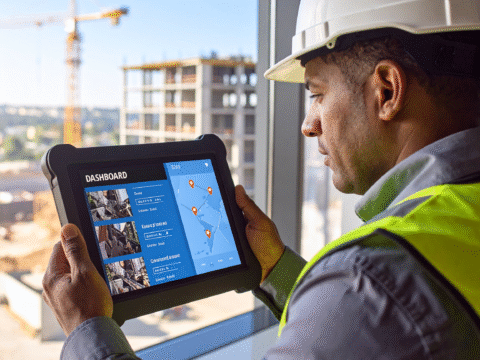 Safety dashboard on screen while worker reviews hazard map on mobile for quick decision-making in industrial setting.