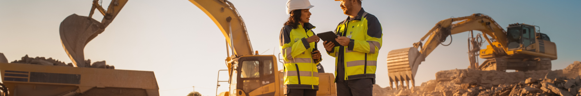 Construction worker training on excavator operation with supervisor guidance at a job site.