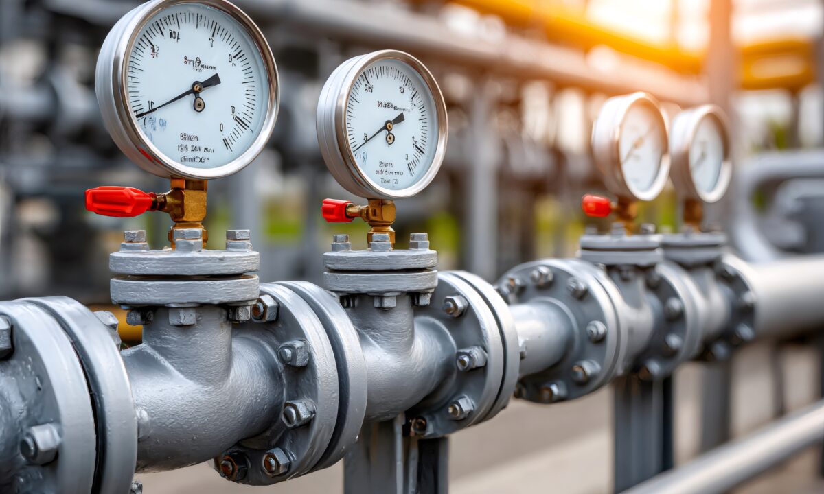 Industrial pipeline with analog pressure gauges indicating system status for gas detection safety programs.