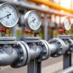 Industrial pipeline with analog pressure gauges indicating system status for gas detection safety programs.