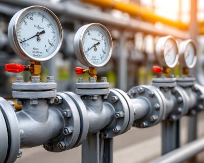 Industrial pipeline with analog pressure gauges indicating system status for gas detection safety programs.
