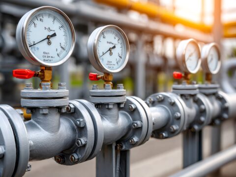 Industrial pipeline with analog pressure gauges indicating system status for gas detection safety programs.
