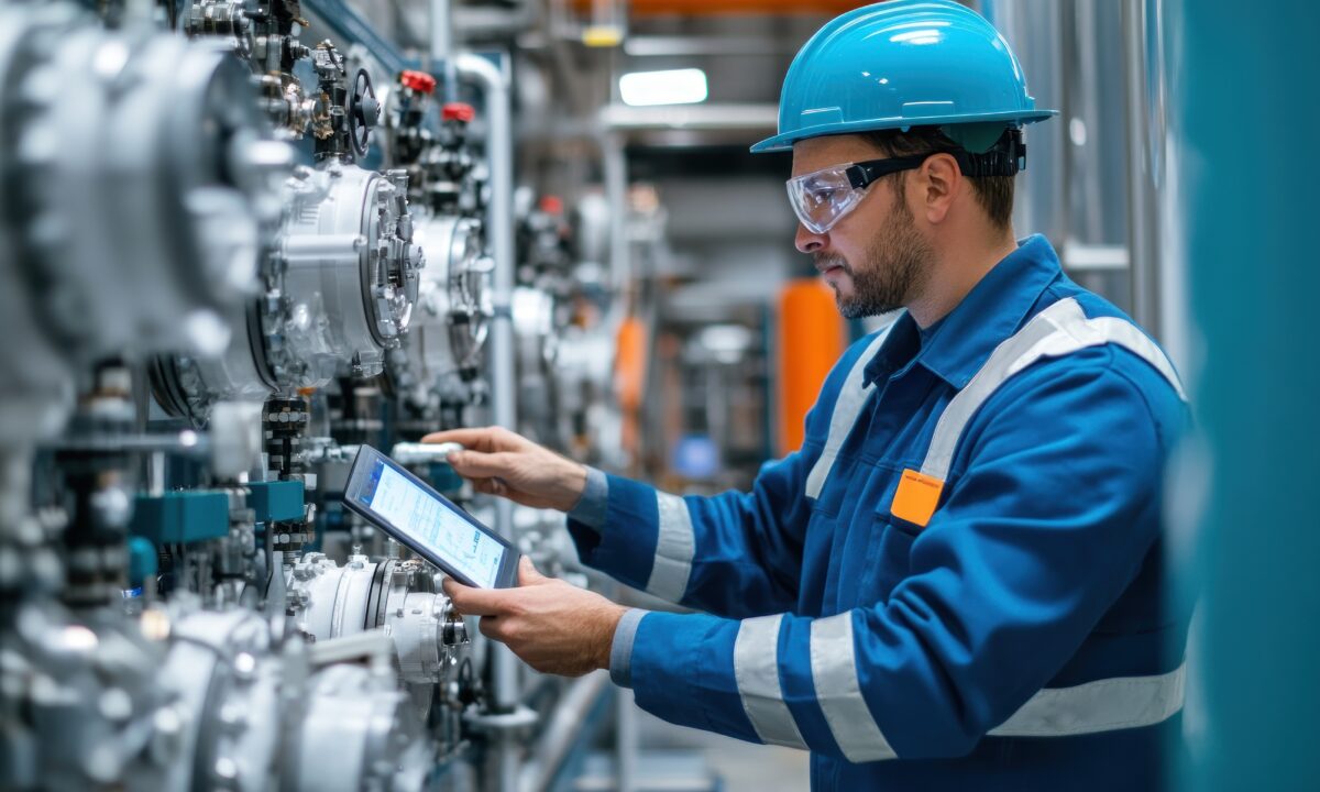 young engineer man carefully monitoring hydrogen gas levels in a storage facility, high-tech sensors in use