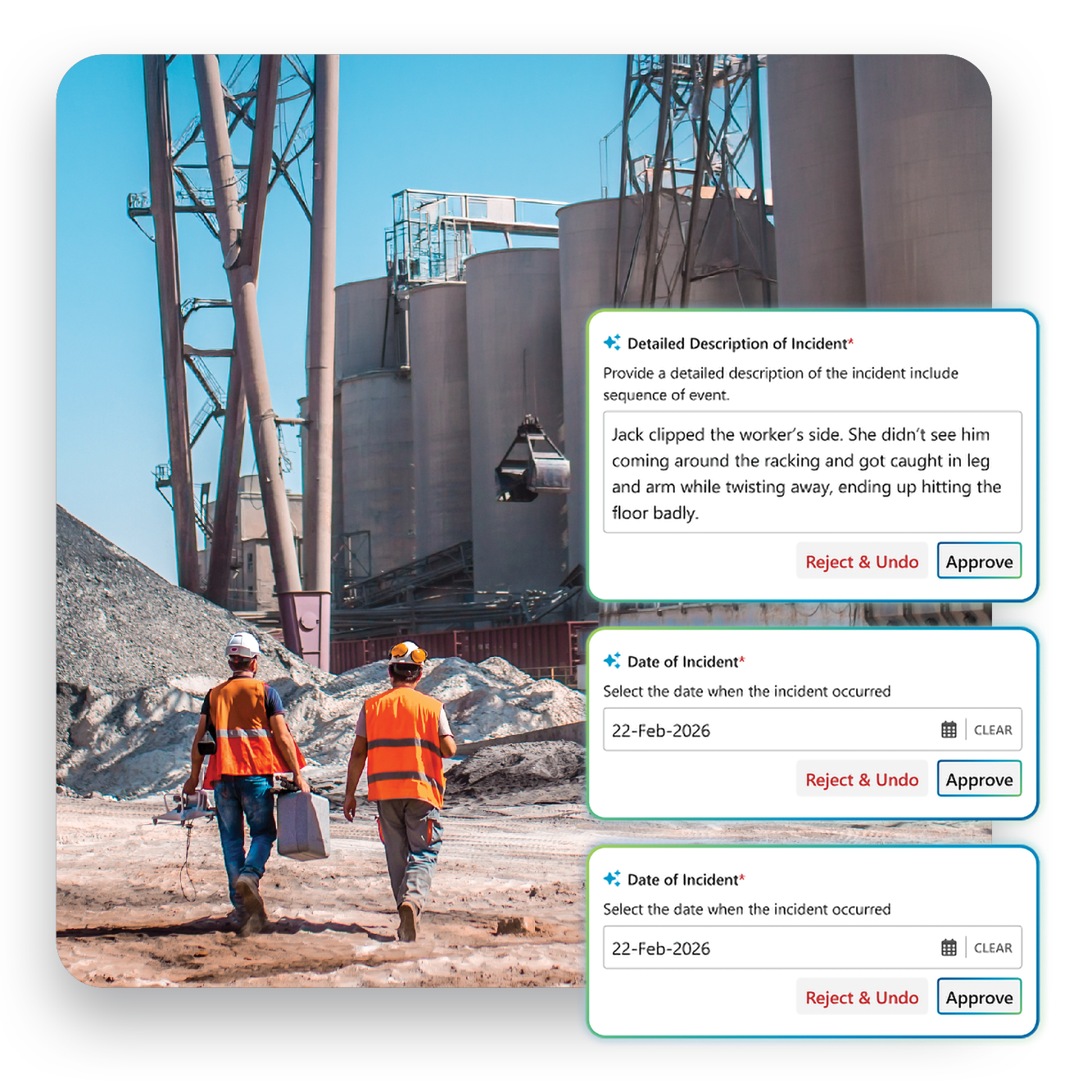 Industrial workers using AI-assisted incident reporting software on site
