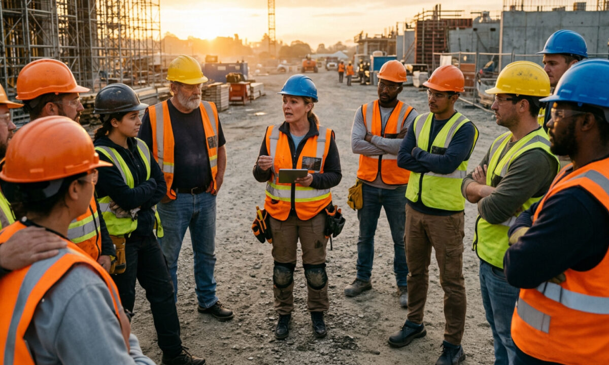 Safety professional discussing workplace safety with frontline workers on a jobsite