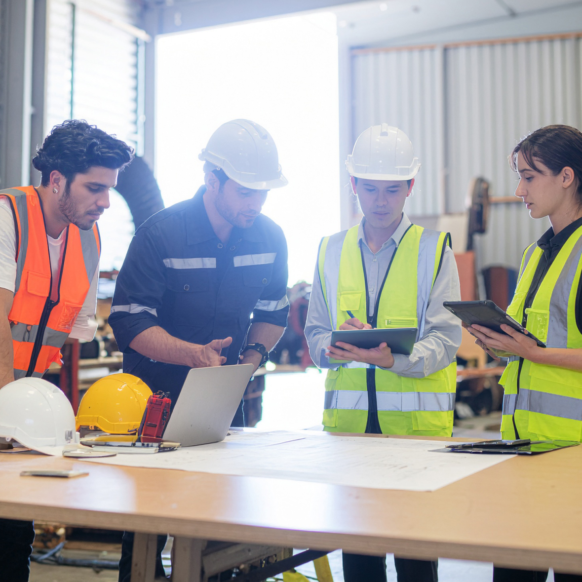 Frontline workers and safety manager reviewing workplace safety procedures together