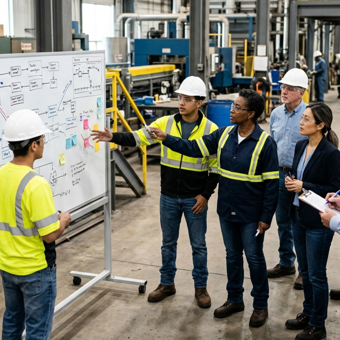 Safety team reviewing workplace systems to identify root causes after an incident
